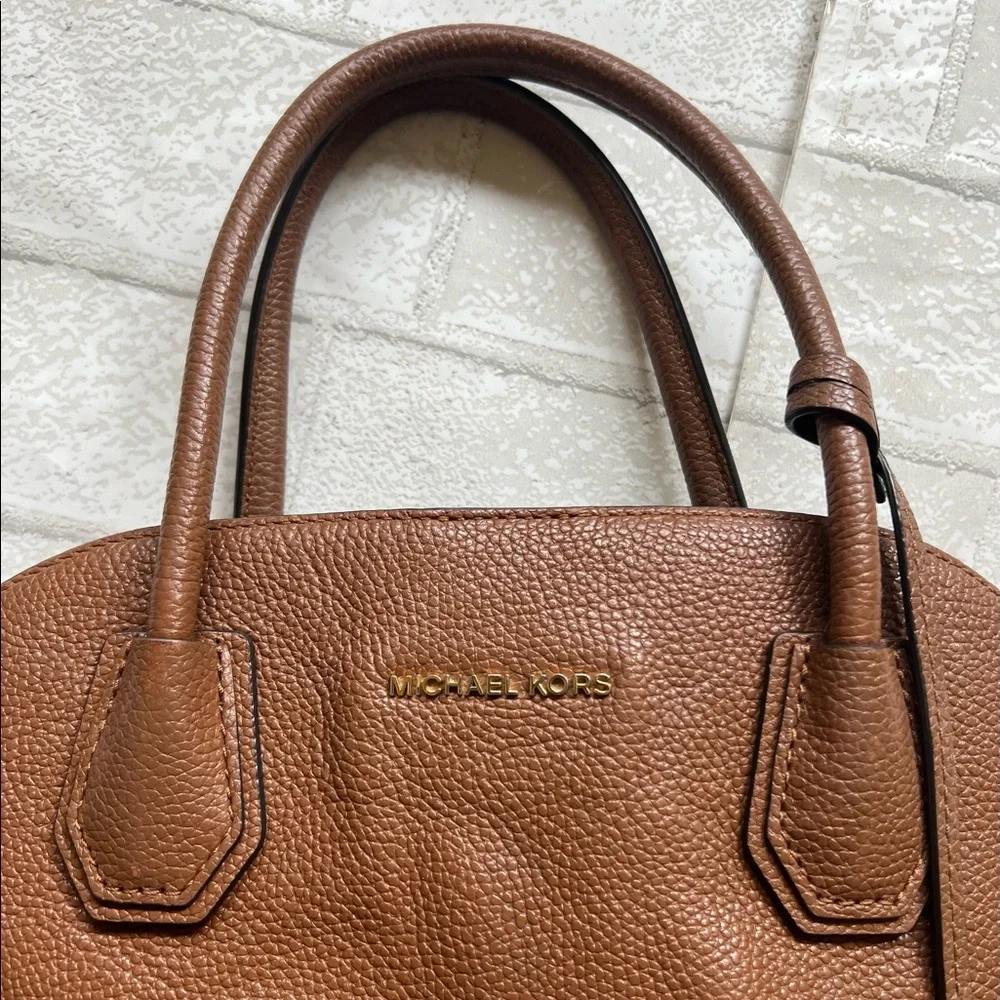 Michael Kors Mercer Medium Dome Satchel Bag Brown Leather with Shopping Bag